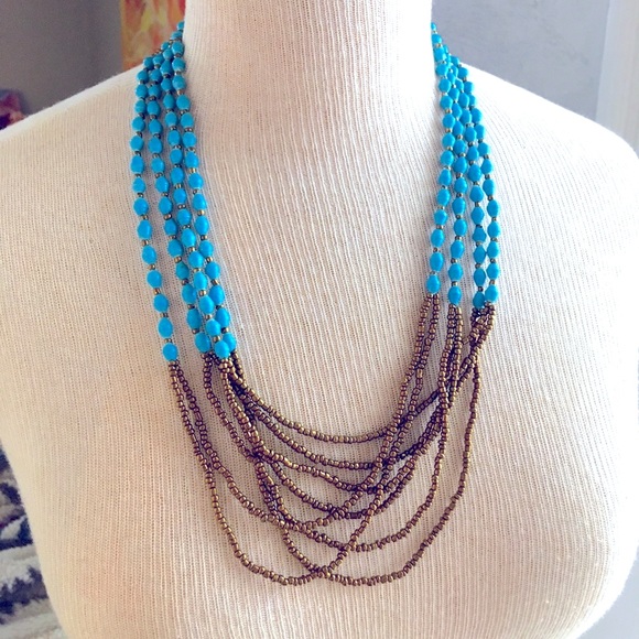 TENG YUE 80’s Newspaper Bead Turquoise & Gold Vintage Necklace - Picture 1 of 10